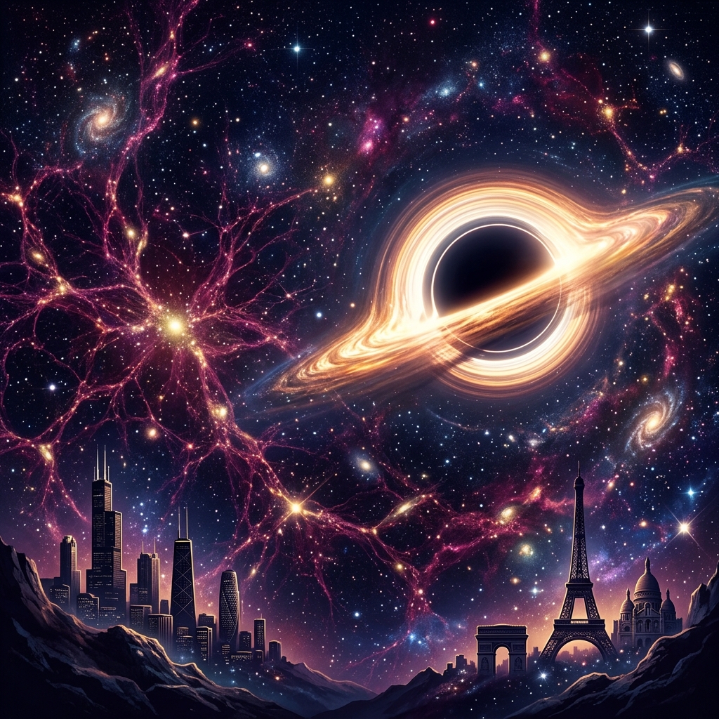 Deepdish-Baguette Cosmic Art showing Chicago and Paris skylines with a black hole accretion disk